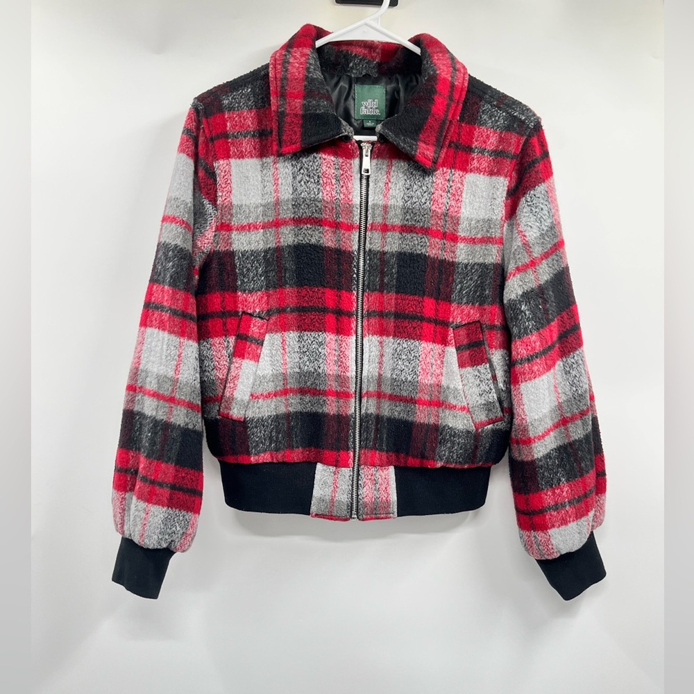 Womens Wild Fable Soft Red Black Plaid Bomber Jacket Size S